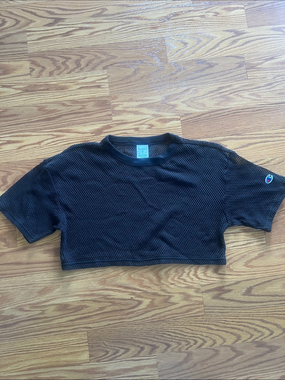 Champion Black Mesh Crop Top with Logo Tag